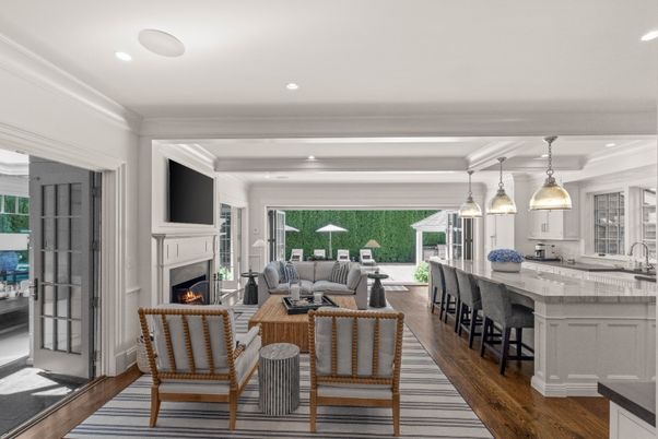 Fireplace, Interior, Kitchen, Living room, Pendant Lights, Recessed Lighting, Wood Texture Flooring