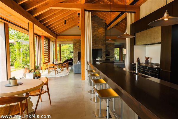 Dining room, Fireplace, Interior, Kitchen, Pendant Lights, Stone Walls, Wooden Beams, Wooden Ceilings