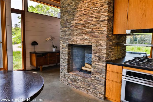 Fireplace, Interior, Kitchen, Stone Walls, Wood Texture Flooring