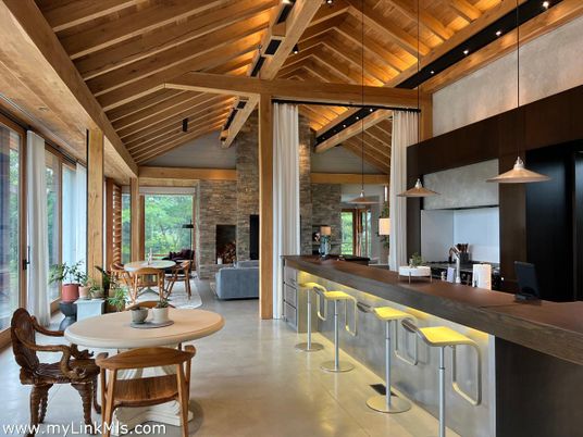 Dining room, Fireplace, Interior, Living room, Pendant Lights, Stone Walls, Wooden Beams, Wooden Ceilings