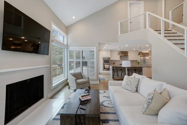 Fireplace, Interior, Kitchen, Living room, Recessed Lighting, Stainless Steel Appliances, Wood Texture Flooring