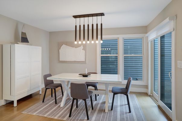 Dining room, Interior, Pendant Lights, Wood Texture Flooring