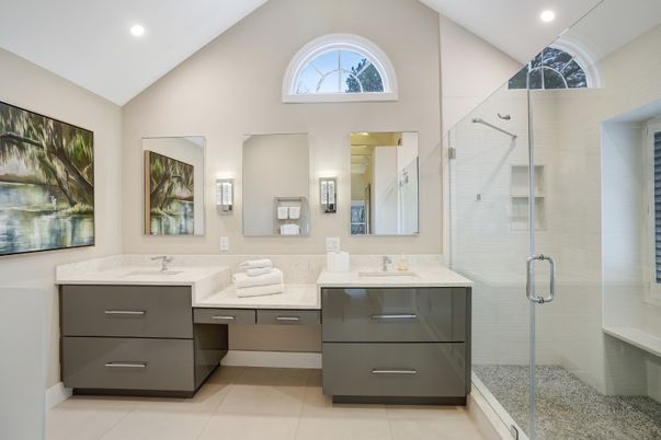 Bathroom, Dual Sink Vanities, Glass Shower, Interior, Recessed Lighting