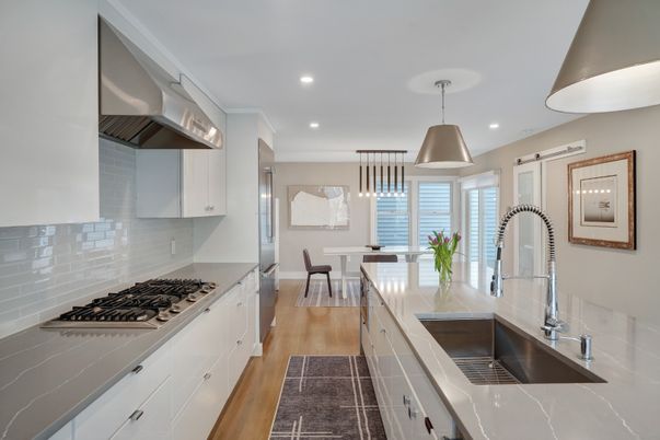 Dining room, Interior, Kitchen, Pendant Lights, Recessed Lighting, Stainless Steel Appliances, Wood Texture Flooring
