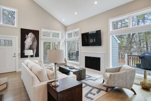 Fireplace, Interior, Living room, Recessed Lighting, Wood Texture Flooring