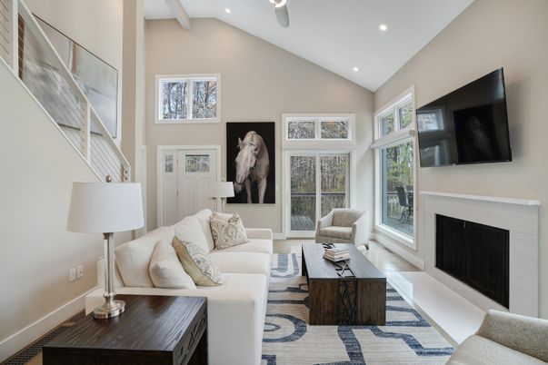 Fireplace, Interior, Living room, Recessed Lighting, Wood Texture Flooring
