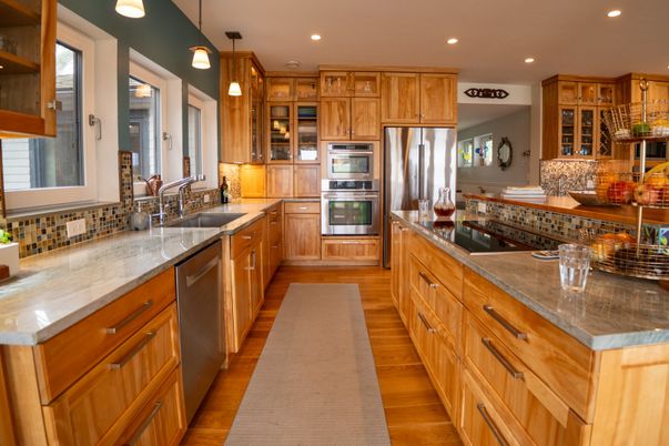 Interior, Kitchen, Pendant Lights, Recessed Lighting, Stainless Steel Appliances, Wood Texture Flooring