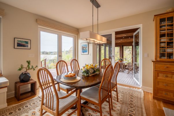 Dining room, Interior, Pendant Lights, Wood Texture Flooring