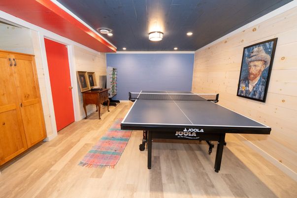 Game Room, Interior, Recessed Lighting, Wood Texture Flooring, Wooden Walls
