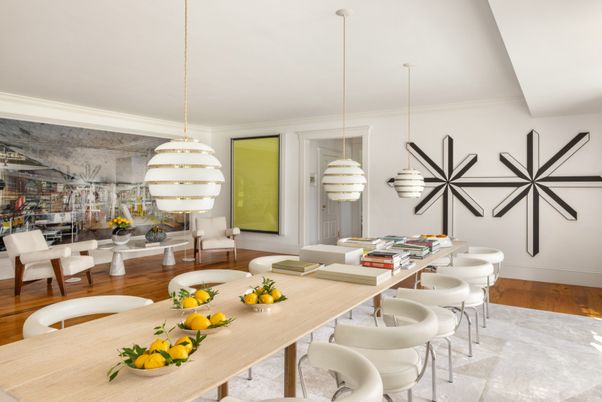 Dining room, Interior, Living room, Pendant Lights, Wood Texture Flooring