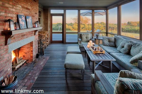 Fireplace, Interior, Living room, Recessed Lighting, Stone Walls, Wood Texture Flooring