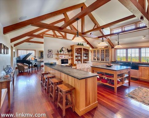 Fireplace, Interior, Kitchen, Pendant Lights, Piano, Wooden Beams, Wood Texture Flooring
