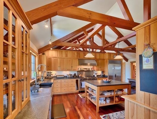Interior, Kitchen, Pendant Lights, Stainless Steel Appliances, Wooden Beams, Wood Texture Flooring