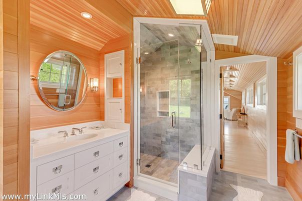 Bathroom, Dual Sink Vanities, Glass Shower, Interior, Recessed Lighting, Wooden Ceilings, Wood Texture Flooring