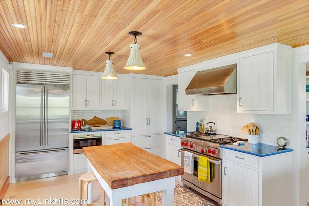 Interior, Kitchen, Pendant Lights, Recessed Lighting, Stainless Steel Appliances, Wooden Ceilings, Wood Texture Flooring
