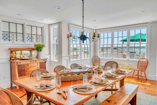 Dining room, Interior, Pendant Lights, Recessed Lighting, Wood Texture Flooring