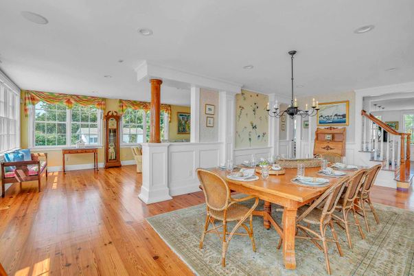 Chandelier, Dining room, Interior, Pendant Lights, Recessed Lighting, Wood Texture Flooring