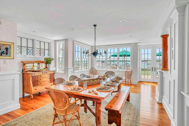 Dining room, Interior, Pendant Lights, Recessed Lighting, Wood Texture Flooring