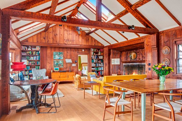 Fireplace, Home Office, Interior, Wooden Beams, Wood Texture Flooring, Wooden Walls
