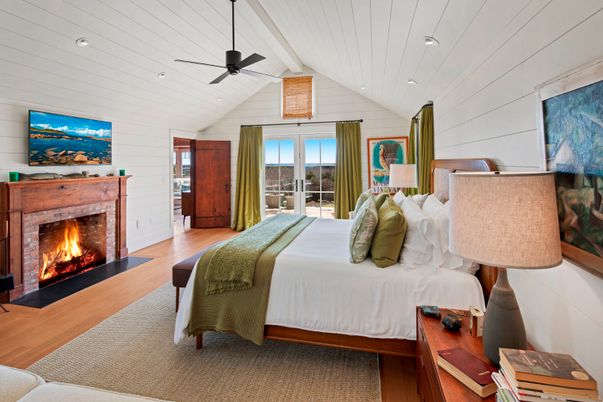 Bedroom, Fireplace, Interior, Recessed Lighting, Wood Texture Flooring