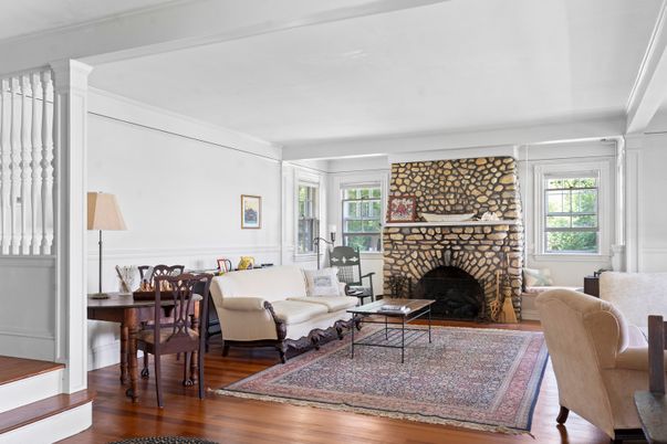 Dining room, Fireplace, Interior, Living room, Stone Walls, Wood Texture Flooring