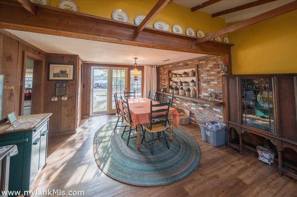 Dining room, Interior, Pendant Lights, Stone Walls, Wooden Beams, Wood Texture Flooring