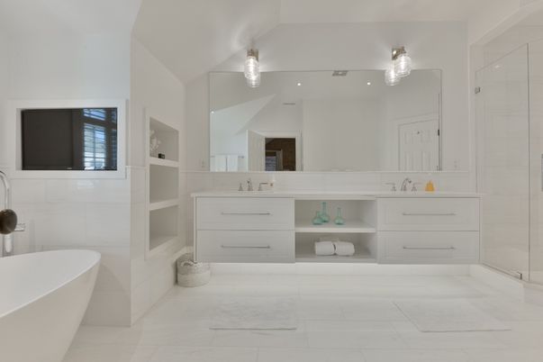 Bathroom, Dual Sink Vanities, Free Standing Baths, Glass Shower, Interior, Recessed Lighting