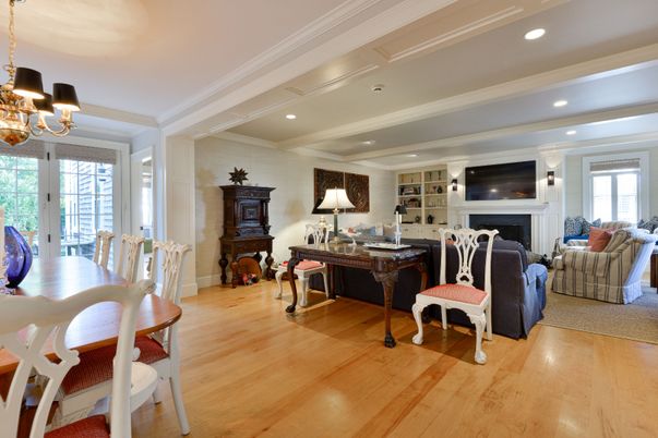 Chandelier, Dining room, Fireplace, Interior, Living room, Recessed Lighting, Wood Texture Flooring