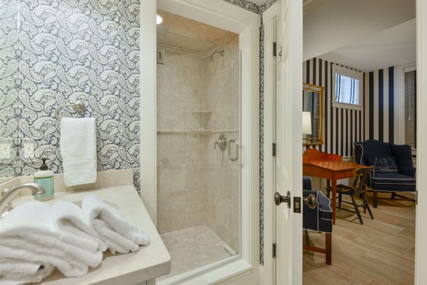 Bathroom, Glass Shower, Interior, Wood Texture Flooring