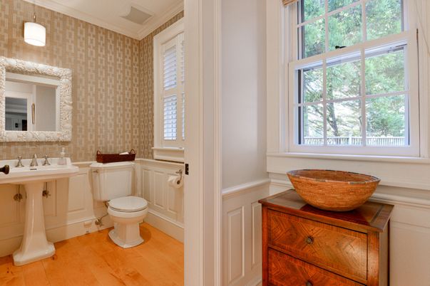 Bathroom, Interior, Pendant Lights, Wood Texture Flooring