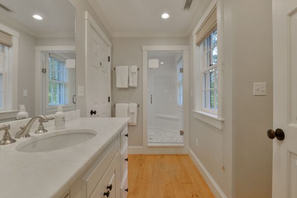 Bathroom, Glass Shower, Interior, Recessed Lighting, Wood Texture Flooring