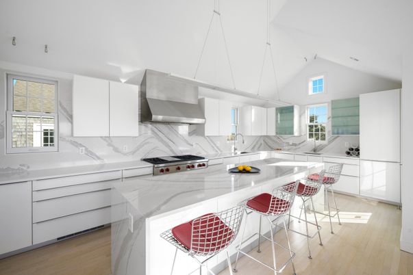 Interior, Kitchen, Marble Walls, Pendant Lights, Stainless Steel Appliances, Wood Texture Flooring