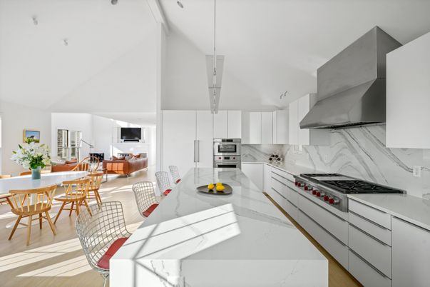 Dining room, Interior, Kitchen, Living room, Marble Walls, Pendant Lights, Stainless Steel Appliances, Wood Texture Flooring