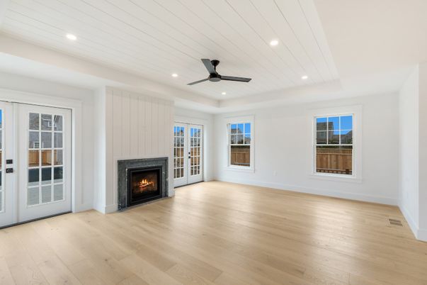 Empty room, Fireplace, Interior, Recessed Lighting, Wood Texture Flooring