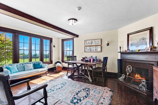 Dining room, Fireplace, Interior, Living room, Wood Texture Flooring