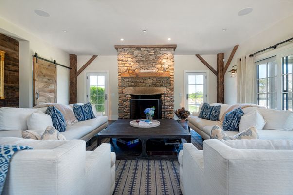 Fireplace, Interior, Living room, Recessed Lighting, Stone Walls