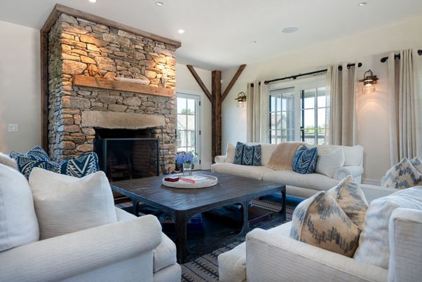 Dining room, Fireplace, Interior, Living room, Recessed Lighting, Stone Walls