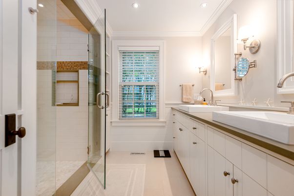 Bathroom, Dual Sink Vanities, Glass Shower, Interior, Recessed Lighting