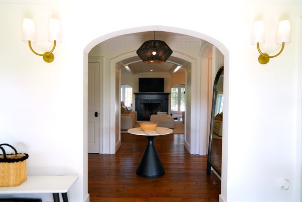 Fireplace, Interior, Living room, Pendant Lights, Wood Texture Flooring