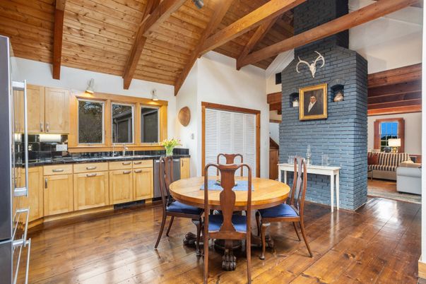 Dining room, Fireplace, Interior, Kitchen, Stone Walls, Wooden Beams, Wooden Ceilings, Wood Texture Flooring