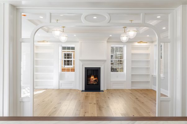 Fireplace, Interior, Pendant Lights, Recessed Lighting, Wood Texture Flooring