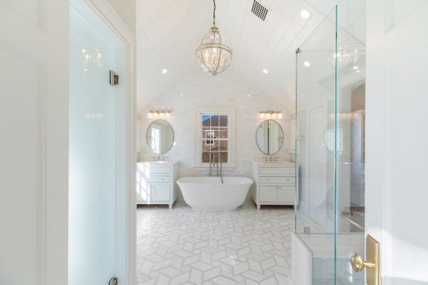 Bathroom, Dual Sink Vanities, Free Standing Baths, Glass Shower, Interior, Pendant Lights, Recessed Lighting