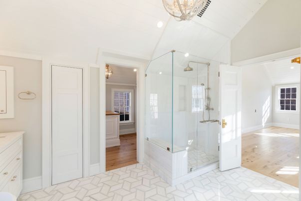 Bathroom, Glass Shower, Interior, Recessed Lighting, Wood Texture Flooring