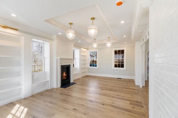 Empty room, Fireplace, Interior, Pendant Lights, Recessed Lighting, Wood Texture Flooring