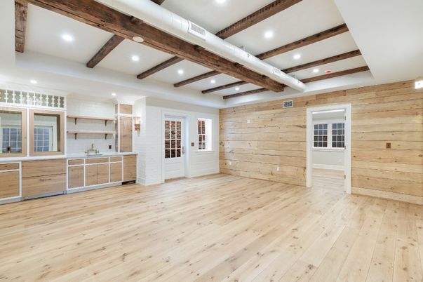 Empty room, Interior, Kitchen, Recessed Lighting, Wooden Beams, Wood Texture Flooring, Wooden Walls