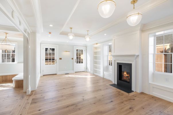 Empty room, Fireplace, Interior, Pendant Lights, Recessed Lighting, Wood Texture Flooring