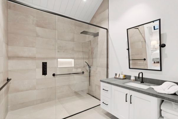 Bathroom, Glass Shower, Interior, Recessed Lighting