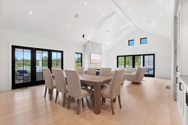 Dining room, Interior, Living room, Recessed Lighting, Wood Texture Flooring