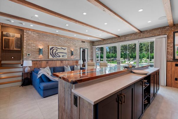 Interior, Recessed Lighting, Stone Walls, Wooden Beams