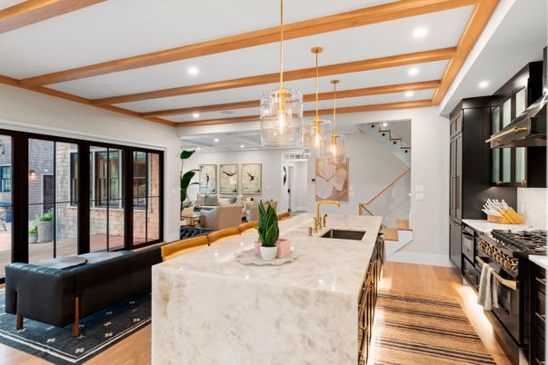 Interior, Kitchen, Living room, Pendant Lights, Recessed Lighting, Stainless Steel Appliances, Wooden Beams, Wood Texture Flooring